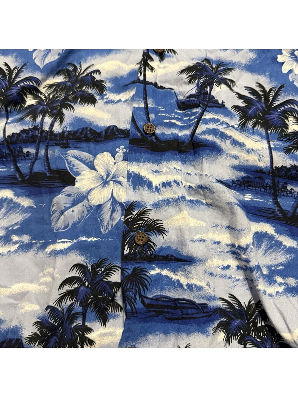 RJC Hawaiian Shirt Blue Palm Trees Floral Print Cotton USA Hawaii Made Men’s L - Picture 3 of 7